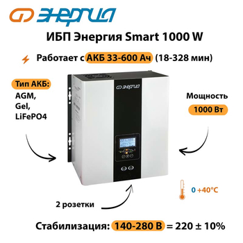 ИБП Энергия Smart 1000W - ИБП и АКБ - Энергия ИБП Smart - . Магазин оборудования для автономного и резервного электропитания Ekosolar.ru в Ангарске